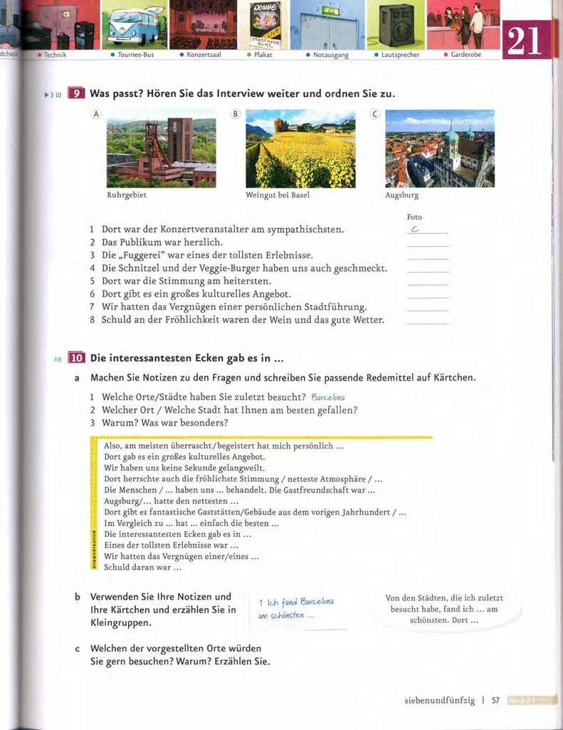 B1.2 Wass passt? Hören Sie das Interview weiter und ordnen Sie zu. (seite 57)